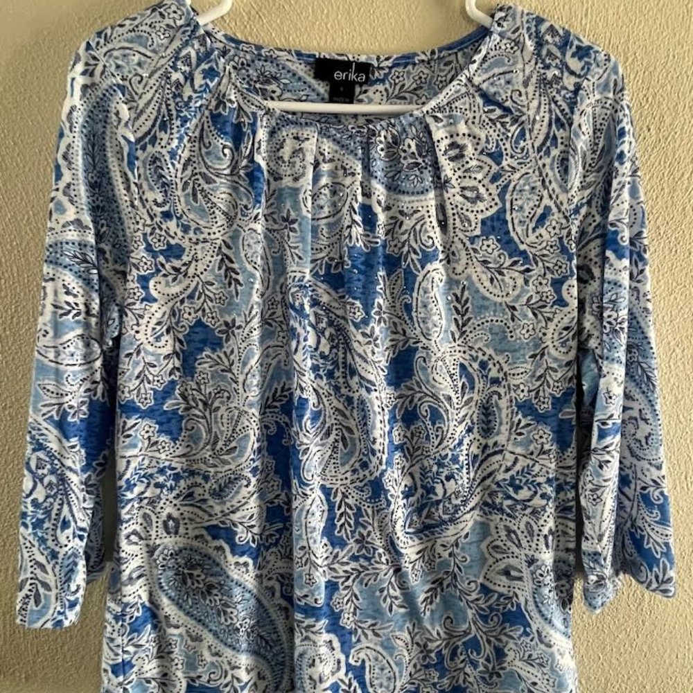 Erika,  size small,  blue, white, and black